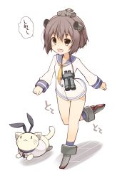 Rule 34 | 10s, 1girl, :3, animalization, batsubyou, binoculars, blush, brown eyes, brown hair, cat, dress, highres, kantai collection, neckerchief, no pants, ohta yuichi, open mouth, personification, running, sailor dress, school uniform, shadow, shimakaze (kancolle), short hair, simple background, solo, standing, standing on one leg, white background, yukikaze (kancolle)