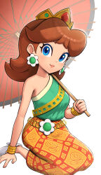 Rule 34 | 1girl, absurdres, arm support, bare shoulders, blue eyes, bracelet, breasts, brown hair, chain, closed mouth, collarbone, commentary request, crown, earrings, eyelashes, fire flower, floral print, flower earrings, gem, gold chain, gonzarez, green shirt, hand up, head tilt, high heels, highres, holding, holding umbrella, jewelry, long skirt, looking at viewer, mario (series), mario kart, mario kart tour, medium breasts, medium hair, nintendo, official alternate costume, orange skirt, parted bangs, princess daisy, princess daisy (thai dress), print skirt, red umbrella, sabai, shirt, shoes, simple background, single-shoulder shirt, single bare shoulder, sitting, skirt, smile, solo, thai clothes, umbrella, wariza, white background, white footwear