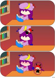 Rule 34 | 2girls, 3koma, :d, ^ ^, bat wings, blush, book, bookshelf, bow, chibi, chibi on head, closed eyes, comic, crescent, demon tail, dozy (d mendozer), dress, faceless, faceless female, full-face blush, hair bow, hair ribbon, happy, hat, head wings, holding, holding book, jump rope, koakuma, long hair, long sleeves, low-tied long hair, mini person, minigirl, mob cap, multiple girls, necktie, on head, open book, open mouth, outstretched arms, patchouli knowledge, person on head, playing with another&#039;s hair, purple dress, purple hair, reading, red hair, ribbon, shirt, silent comic, smile, spread arms, table, tail, touhou, tress ribbon, white shirt, wings