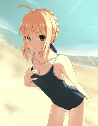 Rule 34 | 1girl, absurdres, ahoge, alternate costume, artoria pendragon (all), artoria pendragon (fate), bare shoulders, beach, blonde hair, blush, breasts, centon (736023681), cleavage, competition school swimsuit, competition swimsuit, covered navel, fate/stay night, fate (series), green eyes, hair ribbon, highres, medium breasts, ocean, one-piece swimsuit, outdoors, ribbon, saber (fate), school swimsuit, solo, swimsuit, water, wet