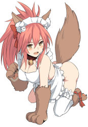 Rule 34 | 1girl, all fours, animal ear fluff, animal ears, animal hands, apron, bare shoulders, bell, blush, bow, breasts, brown eyes, cleavage, collar, fang, fate/grand order, fate (series), fox ears, fox tail, hair between eyes, hair bow, hair ornament, large breasts, long hair, looking at viewer, maid headdress, naked apron, neck bell, pink hair, shiseki hirame, solo, tail, tamamo (fate), tamamo cat (third ascension) (fate), thighhighs, white apron, white thighhighs