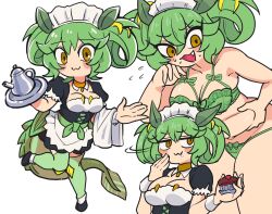 Rule 34 | 1girl, bikini, breasts, cake, cleavage cutout, clothing cutout, dragon girl, dragon horns, dragon tail, food, green bikini, green hair, green thighhighs, highres, holding, holding plate, horns, looking at viewer, maid, maid headdress, medium breasts, multiple views, parlor dragonmaid, plate, plump, smile, swimsuit, tail, thighhighs, wadatsumi (sense11531153), white background, yellow eyes, yu-gi-oh!
