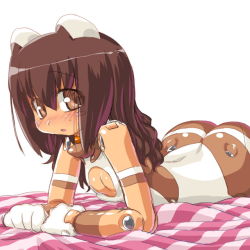Rule 34 | 10s, 1girl, ass, bad id, bad pixiv id, bare shoulders, brown eyes, brown hair, busou shinki, dd (ijigendd), doll joints, flat chest, joints, long hair, looking at viewer, lying, on stomach, pomock, simple background, solo, white background