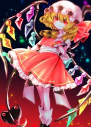 Rule 34 | 1girl, ascot, blonde hair, blurry, blush, bow, center frills, closed mouth, commentary request, crystal, depth of field, fang, fang out, feet out of frame, flandre scarlet, flat chest, frills, gradient background, hair between eyes, hand up, hat, hat bow, highres, holding, holding weapon, laevatein (touhou), light particles, looking at viewer, mob cap, nail polish, one side up, petticoat, puffy short sleeves, puffy sleeves, red background, red bow, red eyes, red nails, red skirt, red vest, short sleeves, simple background, skin fang, skirt, smile, solo, touhou, vest, weapon, white hat, wings, wrist cuffs, yellow ascot, yuka yukiusa, ||/