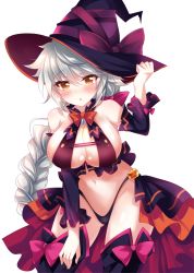 Rule 34 | 10s, 1girl, alternate costume, asymmetrical hair, black panties, black thighhighs, blush, braid, breasts, cleavage, commentary, cowboy shot, crop top, detached sleeves, dress, frilled dress, frilled sleeves, frills, gluteal fold, groin, hair between eyes, halloween, halloween costume, halterneck, hat, highleg, highleg panties, ichiyou moka, kantai collection, large breasts, leaning forward, long hair, looking at viewer, navel, open mouth, panties, parted lips, revealing clothes, shiny skin, sideboob, silver hair, simple background, single braid, solo, thighhighs, thighs, underwear, unryuu (kancolle), very long hair, witch hat, yellow background, yellow eyes