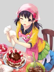 Rule 34 | 1girl, ;o, akiyama minaki, apron, black eyes, black hair, bowl, cake, casual, cream, cream on face, food, food on face, food-themed hair ornament, fork, fruit, hair ornament, head scarf, icing, ilog, mixing bowl, occhan (11715), official art, one eye closed, open mouth, pastry bag, seiza, sitting, solo, spoon, strawberry, strawberry hair ornament, whisk