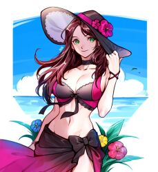 Rule 34 | 1girl, bikini, black choker, black hair, blue sky, breasts, brown eyes, brown hair, choker, cleavage, cloud, collar, commentary, dorothea arnault, dorothea arnault (summer), english commentary, fire emblem, fire emblem: three houses, fire emblem heroes, flower, hat, holding, holding clothes, holding hat, large breasts, long hair, navel, nintendo, ocean, official alternate costume, sarong, silvercandy gum, sky, smile, solo, sun hat, swimsuit, wrist straps