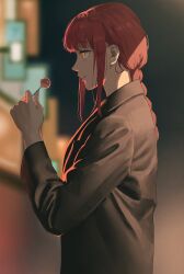 Rule 34 | 1girl, anteiru, black coat, blurry, blurry background, braid, braided ponytail, candy, chainsaw man, coat, food, from side, highres, holding, holding candy, holding food, holding lollipop, lollipop, looking to the side, makima (chainsaw man), medium hair, red hair, ringed eyes, sidelocks, solo, yellow eyes