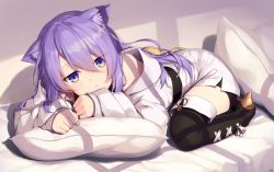 Rule 34 | 1girl, absurdres, animal ears, belt, boots, cat ears, earrings, highres, hololive, hololive indonesia, jacket, jewelry, long hair, moona hoshinova, on bed, pillow, purple eyes, purple hair, single earring, thigh boots, traveler (artbbt), virtual youtuber, white jacket