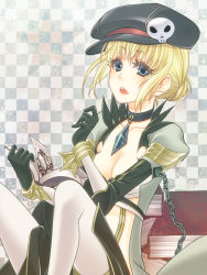 Rule 34 | 1girl, black gloves, black hat, blonde hair, blue eyes, blush, book, breasts, cabbie hat, checkered background, choker, cleavage, coat, commentary request, crystal, feet out of frame, gloves, grey coat, hair bun, hat, hat ornament, holding, holding book, looking at viewer, medium breasts, nia (littlestars), open mouth, pants, ragnarok online, short hair, single hair bun, skull hat ornament, solo, warlock (ragnarok online), white pants