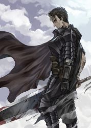 Rule 34 | 1boy, armor, bandages, berserk, black hair, blood, bloody weapon, cape, commentary request, from side, guts (berserk), highres, holding, holding sword, holding weapon, jun (rellik &amp; redrum), long sword, looking afar, male focus, multicolored hair, solo, standing, streaked hair, sword, weapon