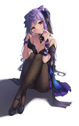 Rule 34 | 1girl, black dress, black footwear, black pantyhose, black ribbon, blush, breasts, cleavage, cone hair bun, detached collar, diamond-shaped pupils, diamond (shape), dress, genshin impact, hair bun, hair ribbon, hands up, high heels, highres, keqing (genshin impact), keqing (opulent splendor) (genshin impact), knees up, long hair, looking at viewer, medium breasts, official alternate costume, pantyhose, playing with own hair, purple dress, purple eyes, purple hair, qoray7, ribbon, sitting, solo, symbol-shaped pupils, twintails, two-tone dress, white background