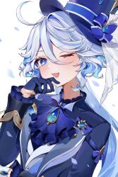 Rule 34 | 1girl, absurdres, ahoge, ascot, blue ascot, blue brooch, blue coat, blue eyes, blue gloves, blue hair, blue hat, blush, coat, falling petals, furina (genshin impact), furrowed brow, genshin impact, gloves, hair intakes, hand up, hat, highres, hinagikumonnme, long hair, long sleeves, one eye closed, open mouth, petals, simple background, smile, solo, swept bangs, top hat, upper body, wavy hair, white background