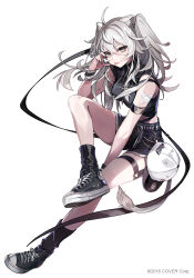 Rule 34 | 1girl, :p, ahoge, alternate costume, animal ears, arm strap, bandaid, bandaid on arm, baseball cap, belt, black eyes, black footwear, black nails, black shirt, black shorts, black socks, breasts, closed mouth, commentary, crop top, cross-laced footwear, ear piercing, full body, grey hair, hair between eyes, hand on own face, hat, highres, hololive, invisible chair, legs, lion ears, lion girl, lion tail, long hair, looking at viewer, medium breasts, nail polish, official art, piercing, pokimari, shirt, shishiro botan, shoes, short shorts, shorts, simple background, sitting, sleeveless, sleeveless shirt, smile, sneakers, socks, solo, tail, thigh strap, tongue, tongue out, two side up, unworn hat, unworn headwear, virtual youtuber, watermark, white background, white belt, white hat, wristband, zipper, zipper pull tab