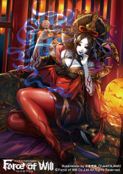 Rule 34 | 1girl, artist name, black hair, black sclera, breasts, cleavage, colored sclera, colored skin, company name, copyright name, fang, force of will, hair ornament, hair stick, huge breasts, japanese clothes, lamp, official art, open mouth, pantyhose, pointy ears, red eyes, sandals, sitting, solo, tajima yukie, tattoo, teeth, thighhighs, white skin
