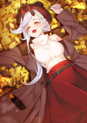 Rule 34 | 1girl, :d, alternate costume, autumn leaves, belt, blush, braid, breasts, brown coat, coat, commentary request, earrings, eyelashes, closed eyes, fate/grand order, fate (series), hat, highres, horns, jewelry, long hair, long skirt, looking to the side, lying, medium breasts, on back, on ground, oni horns, open clothes, open coat, open mouth, red skirt, silver hair, single braid, skirt, sleeveless, sleeveless turtleneck, smile, solo, soupchan, stud earrings, sweater, tomoe gozen (fate), turtleneck, turtleneck sweater, white sweater