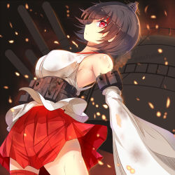 Rule 34 | 10s, 1girl, bare shoulders, blood, breasts, cowboy shot, detached sleeves, from side, headgear, kantai collection, large breasts, looking at viewer, machinery, nontraditional miko, pink eyes, short hair, skirt, solo, sts, turret, twitter username, yamashiro (kancolle)