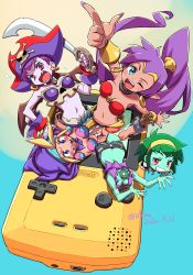 Rule 34 | 1boy, 4girls, absurdres, ass, blonde hair, blue eyes, blue hair, bolo (shantae), breasts, butt crack, cleavage, colored skin, dark skin, earrings, closed eyes, game boy, game boy (original), game boy color, green skin, grey skin, handheld game console, head removed, highres, isedaichi ken, jewelry, looking to the side, medium breasts, midriff, monster girl, multiple girls, navel, one eye closed, open mouth, pirate, purple hair, risky boots, rottytops, shantae, shantae (series), skull earrings, sky (shantae), v-shaped eyebrows, zombie
