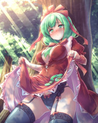 Rule 34 | 1girl, against tree, between breasts, black panties, black thighhighs, blush, bow, bow panties, breasts, clothes lift, covered erect nipples, dress, dress lift, female focus, forest, front ponytail, garter belt, garter straps, green eyes, green hair, hair ornament, hair ribbon, highres, kagiyama hina, kibushi, lace, lace-trimmed legwear, lace trim, large breasts, light rays, matching hair/eyes, nature, panties, ribbon, skindentation, skirt, skirt lift, solo, sunbeam, sunlight, sweat, tears, thighhighs, touhou, tree, underwear, upskirt