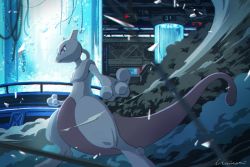 Rule 34 | blurry, closed mouth, commentary request, gen 1 pokemon, highres, indoors, legendary pokemon, looking to the side, mewtwo, pokemon, pokemon (creature), purple eyes, signature, smoke, solo, standing, uninori