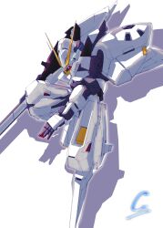 Rule 34 | advance of zeta, beam rifle, commentary request, energy gun, eye trail, green eyes, gun, gundam, highres, holding, holding gun, holding weapon, kuroiwa cookie, light trail, mecha, mobile suit, no humans, outstretched arm, robot, science fiction, shadow, signature, simple background, solo, tr-6 woundwort, v-fin, weapon, white background
