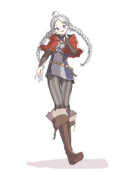 Rule 34 | 1girl, ahoge, black bridal gauntlets, blue eyes, boots, braid, bridal gauntlets, capelet, fire emblem, fire emblem fates, full body, grey hair, hairband, harness, hood, hooded capelet, keyring, leather, leather boots, looking at viewer, low twin braids, nina (fire emblem), nintendo, o-ring, o-ring harness, pantyhose, parted bangs, red hood, solo, sorane amus, striped clothes, striped pantyhose, twin braids, vertical-striped clothes, vertical-striped pantyhose, white hairband
