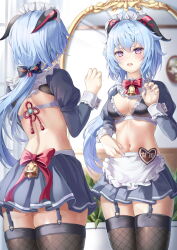 Rule 34 | 1girl, absurdres, alternate costume, apron, ass, bell, blue garter straps, blue hair, bnari, bow, bowtie, breasts, chinese knot, crop top, enmaided, fishnet thighhighs, fishnets, frills, ganyu (genshin impact), garter straps, genshin impact, goat horns, hand up, highres, horns, long hair, looking at mirror, low ponytail, maid, maid apron, maid headdress, medium breasts, midriff, miniskirt, mirror, multiple views, navel, neck bell, open mouth, puffy sleeves, purple eyes, red bow, red bowtie, reflection, skirt, solo, stomach, sweat, thighhighs, thighs, very long hair, vision (genshin impact), waist bow