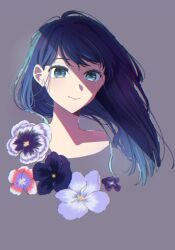 Rule 34 | 1girl, bad id, bad twitter id, bare shoulders, blue eyes, blue flower, blue hair, chromatic aberration, closed mouth, commentary, cropped torso, english commentary, floating hair, flower, flower request, grey background, highres, kurokawa akane, long hair, looking at viewer, making-of available, nara (menosora), oshi no ko, portrait, shade, simple background, solo