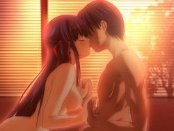 Rule 34 | 1boy, 1girl, blush, breasts, brown hair, completely nude, couple, closed eyes, game cg, hetero, holding hands, implied sex, interlocked fingers, kiss, large breasts, long hair, nipples, nude, serina (game), source request, suou serina, thighs, very long hair, window