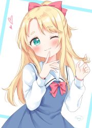 Rule 34 | 1girl, ;s, artist name, blonde hair, blue dress, blush, bow, bowtie, closed mouth, dress, eyebrows hidden by hair, frills, green eyes, grin, hair bow, hair ornament, hand up, heart, heart print, highres, himesaka noa, holding, holding own hair, long sleeves, looking at viewer, neck ribbon, one eye closed, parted bangs, red bow, red bowtie, ribbon, sailor collar, school uniform, sidelocks, signature, simple background, smile, solo, standing, sugutsuka rerun, thick eyebrows, upper body, watashi ni tenshi ga maiorita!, white sleeves