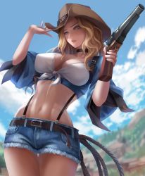 Rule 34 | 1girl, belt, blonde hair, breasts, choker, cleavage, cloud, cowboy hat, cowboy western, cowgirl (western), day, female focus, forest, gun, hat, highres, legs together, lips, long hair, looking to the side, mountain, nai zi, nature, navel, no bra, original, parted lips, rope, short shorts, shorts, sky, solo, suspenders, thigh gap, wavy hair, weapon, wide hips, yellow eyes