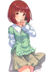 Rule 34 | 1girl, :3, alternate hairstyle, arm behind back, blush, breasts, brown eyes, brown hair, brown skirt, closed mouth, collarbone, cowboy shot, damokan66, dated, dot nose, floating clothes, green shirt, hand up, highres, idolmaster, idolmaster million live!, idolmaster million live! theater days, layered sleeves, long sleeves, looking at viewer, medium breasts, nonohara akane, private dress (idolmaster million live!), shirt, short hair, side slit, simple background, skirt, smile, solo, standing, white background