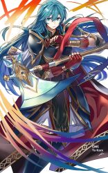 1girl absurdres aqua_eyes aqua_hair armor axe commentary_request eirika_(fire_emblem) eirika_(resolute_princess)_(fire_emblem) fire_emblem fire_emblem:_the_sacred_stones fire_emblem_heroes hair_between_eyes highres holding holding_axe kazuha_(kazuha1003) nintendo official_alternate_costume parted_lips pauldrons shoulder_armor solo