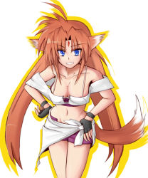 Rule 34 | 00s, 1girl, animal ears, arf, bare shoulders, blue eyes, breasts, cleavage, fox ears, gloves, large breasts, long hair, lowres, lyrical nanoha, mahou shoujo lyrical nanoha, mahou shoujo lyrical nanoha a&#039;s, midriff, red hair, solo, tail