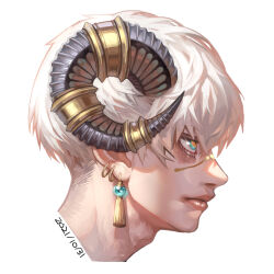 Rule 34 | 1boy, absurdres, adam&#039;s apple, blue eyes, closed mouth, cropped shoulders, curled horns, dated, earrings, from side, highres, horn ornament, horn ring, horns, jewelry, lips, looking ahead, male focus, multicolored eyes, multiple earrings, original, portrait, profile, redrawn, sheep horns, short hair, simple background, solo, sumosamo, tassel, tassel earrings, white background, white hair, yellow eyes