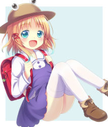 Rule 34 | 1girl, :d, alternate costume, ankle boots, arms up, backpack, bag, blonde hair, blue background, blue eyes, boots, brown footwear, brown hat, charm (object), commentary request, frog, hair ribbon, hat, leg lift, looking at viewer, moriya suwako, open mouth, randoseru, ribbon, school uniform, short hair, sidelocks, simple background, sitting, smile, solo, thighhighs, tomo takino, touhou, white thighhighs