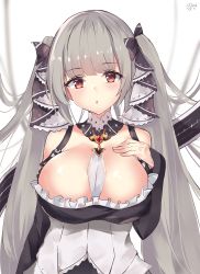 Rule 34 | 1girl, absurdres, azur lane, bad id, bad pixiv id, black dress, blurry, bow, breasts, cleavage, detached collar, dress, formidable (azur lane), frilled dress, frills, grey hair, hair bow, hand on own chest, hand up, highres, large breasts, long hair, looking at viewer, mushpz, parted lips, red eyes, signature, simple background, solo, upper body, very long hair, white background