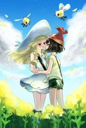 Rule 34 | 2girls, beanie, black hair, blonde hair, blue sky, blush, cloud, couple, creatures (company), cutiefly, day, dress, eye contact, face-to-face, game freak, gen 7 pokemon, green eyes, green shorts, grey eyes, hat, highres, holding hands, imminent kiss, kiss, leaning forward, lillie (pokemon), long hair, looking at another, minapo, multiple girls, nintendo, petals, pokemon, pokemon (creature), pokemon sm, selene (pokemon), shirt, short hair, shorts, sky, smile, tied shirt, undershirt, upper body, white dress, white footwear, white hat, wind, yellow petals, yuri