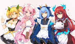 Rule 34 | 4girls, animal ears, apron, black dress, blonde hair, blue dress, blue gloves, braid, breast hold, breasts, cleavage, clipboard, collarbone, commentary request, crossed bangs, detached collar, double bun, dragon ears, dragon girl, dragon horns, dragon tail, dragonmaid (yu-gi-oh!), dress, duel monster, fang, finger to mouth, fingerless gloves, flat chest, floral background, frilled apron, frilled dress, frills, gauntlets, gloves, green eyes, hair bun, hair ornament, hairclip, hat, highres, holding, horns, kikistark, kitchen dragonmaid, large breasts, laundry dragonmaid, long hair, looking at viewer, low twintails, maid, maid apron, maid headdress, mixed maids, multicolored hair, multiple girls, neckerchief, nurse, nurse cap, nurse dragonmaid, one eye closed, pantyhose, parlor dragonmaid, parted bangs, petals, pink dress, pink hair, puffy short sleeves, puffy sleeves, purple eyes, red dress, red hair, ribbon-trimmed clothes, ribbon trim, short sleeves, sidelocks, simple background, single braid, skin fang, tail, twintails, two-tone hair, wa maid, waist apron, white apron, wrist cuffs, yellow eyes, yu-gi-oh!