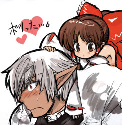 Rule 34 | 00s, 1boy, 1girl, armor, blush, bow, brown eyes, brown hair, buront, crossover, detached sleeves, final fantasy, final fantasy xi, hair bow, hair ribbon, hair tubes, hakurei reimu, long hair, momo&amp;a, open mouth, pointy ears, red eyes, ribbon, short hair, silver hair, sweatdrop, the iron of yin and yang, touhou, wakaba23