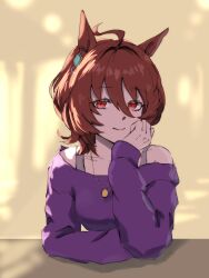 Rule 34 | 1girl, absurdres, agnes tachyon (umamusume), ahoge, animal ears, bare shoulders, breasts, brown hair, closed mouth, elbow rest, hair between eyes, highres, horse ears, jewelry, long sleeves, looking at viewer, medium hair, necklace, off-shoulder shirt, off shoulder, purple shirt, red eyes, shirt, small breasts, smile, solo, umamusume, watou