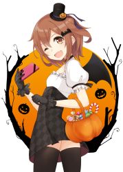 Rule 34 | 10s, 1girl, ;d, alternate costume, brown hair, candy, colis (regunm772), fang, food, hair ornament, hairclip, halloween, highres, ikazuchi (kancolle), kantai collection, one eye closed, open mouth, short hair, short sleeves, smile, solo, thighhighs