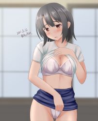 Rule 34 | 1girl, alternate costume, ame-san, black hair, blue skirt, bra, breasts, cleavage, clothes lift, commentary request, dated, frilled bra, frills, highres, kantai collection, large breasts, one-hour drawing challenge, panties, pencil skirt, red eyes, shirt, shirt lift, short hair, short sleeves, skirt, skirt lift, solo, takao (kancolle), twitter username, underwear, white bra, white panties, white shirt, window