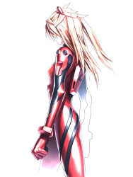 Rule 34 | 1girl, blonde hair, bodysuit, bracer, breasts, brown hair, clenched hand, cowboy shot, female focus, from side, gloves, hair ornament, highres, iwai ryou, long hair, looking afar, neon genesis evangelion, orange hair, pilot suit, plugsuit, simple background, skinny, small breasts, solo, souryuu asuka langley, standing, turtleneck, two side up, white background