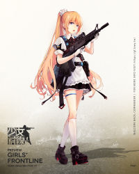 Rule 34 | 1girl, apron, assault rifle, backpack, bag, belt, black dress, black footwear, blonde hair, blue eyes, boots, breasts, bullpup, character name, commentary request, copyright name, dress, girls&#039; frontline, gloves, gun, highres, holding, holding weapon, long hair, looking at viewer, official art, open mouth, ponytail, rifle, school uniform, simple background, socks, solo, standing, state space agency of ukraine, ukrainian flag, vepr, vepr (girls&#039; frontline), weapon, white apron, white gloves, white socks, yaya (teeth)