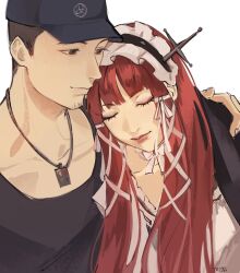 Rule 34 | 1boy, 1girl, baseball cap, black hair, black jacket, black tank top, blunt bangs, closed eyes, closed mouth, collar, collarbone, commentary, couple, detached collar, dress, facial hair, frilled collar, frilled hairband, frills, hair ribbon, hairband, hand on another&#039;s shoulder, hat, head on another&#039;s shoulder, highres, iori junpei, jacket, jacket on shoulders, jewelry, kurorium, lips, long hair, necklace, persona, persona 3, persona 3 reload, red hair, ribbon, short hair, sidelocks, sleeping, symbol-only commentary, tank top, very short hair, white background, white dress, white hairband, white ribbon, yoshino chidori