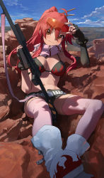 Rule 34 | 1girl, ahoge, anti-materiel rifle, arm up, bare shoulders, belt, bikini, bikini top only, black bikini, black gloves, black shorts, boots, breasts, brown eyes, cleavage, cloud, day, elbow gloves, fingerless gloves, flame print, foreshortening, gloves, goggles, goggles on head, gun, highres, holding, holding gun, holding weapon, large breasts, long hair, looking at viewer, modare, navel, outdoors, pink thighhighs, ponytail, red hair, rifle, scarf, scope, short shorts, shorts, sitting, sky, smile, sniper rifle, solo, stomach, strap, string bikini, studded belt, sunlight, swimsuit, tengen toppa gurren lagann, thighhighs, thighs, v-shaped eyebrows, wasteland, weapon, white footwear, yoko littner