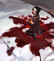 Rule 34 | 1boy, 1girl, armband, blood, blood on hands, blood on mouth, blood splatter, brown hair, collared shirt, from above, full body, gabi braun, highres, hood, hood down, hooded coat, looking at viewer, luguoadeli (maple12031), marley military uniform, mini person, minigirl, open mouth, ponytail, shingeki no kyojin, shirt, short hair, sidelocks, soldier, solo focus, white shirt