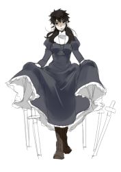 Rule 34 | 1girl, bad id, bad pixiv id, black keys (type-moon), boots, brown eyes, brown hair, clothes lift, cross, cross necklace, dress, dress lift, fate/zero, fate (series), genderswap, genderswap (mtf), habit, jewelry, knife, kotomine kirei, long hair, necklace, oppaisagara, planted, planted sword, planted weapon, solo, sword, throwing knife, weapon