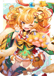 Rule 34 | 1girl, 2022, ;d, absurdres, animal hands, bandaid, bandaid on leg, bell, blonde hair, bow, bracelet, chinese zodiac, confetti, dot nose, fang, gloves, green bow, hair bell, hair ornament, highres, japanese clothes, jewelry, kimono, lushuao, multicolored clothes, multicolored hair, multicolored kimono, one eye closed, open mouth, orange bow, orange eyes, orange hair, original, paw gloves, short kimono, single glove, smile, socks, solo, streaked hair, tassel, thighlet, twintails, white socks, wide sleeves, year of the tiger
